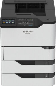 Front-facing view of the Sharp MX-B707P monochrome printer.