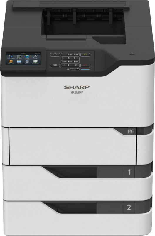 Front-facing view of the Sharp MX-B707P monochrome printer.