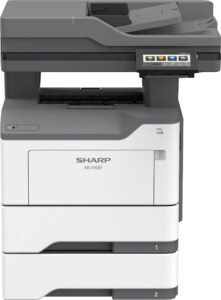 Front view of the Sharp MX-B468F monochrome document system