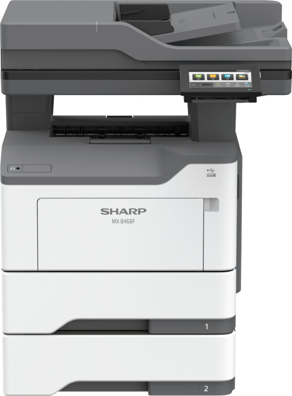 Front view of the Sharp MX-B468F monochrome document system