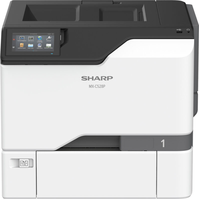 Front-facing view of the Sharp MX-C528P printer.