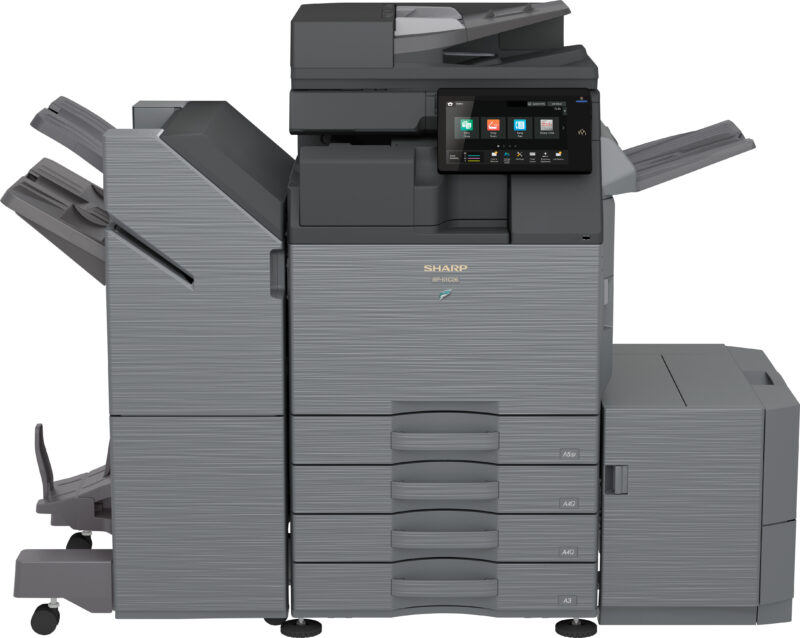 Front-facing view of the fully configured Sharp BP-51C26 color document system.