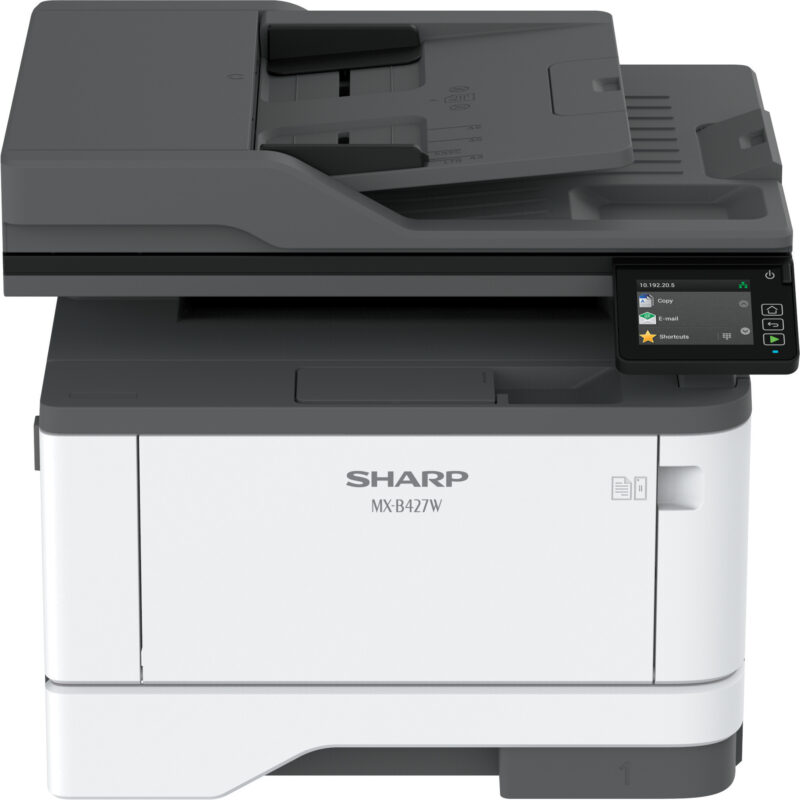 Front-facing view of the Sharp MX-B427W monochrome document system.