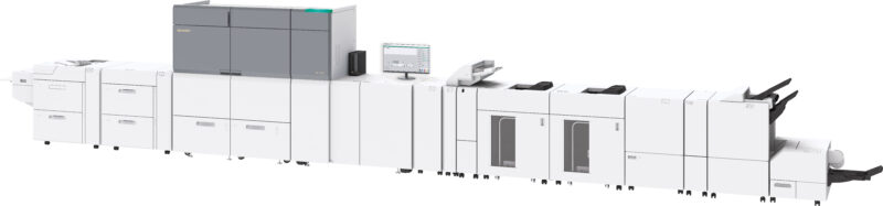Front-angle view of the Sharp BP-1200C fully-configured production color digital printing press
